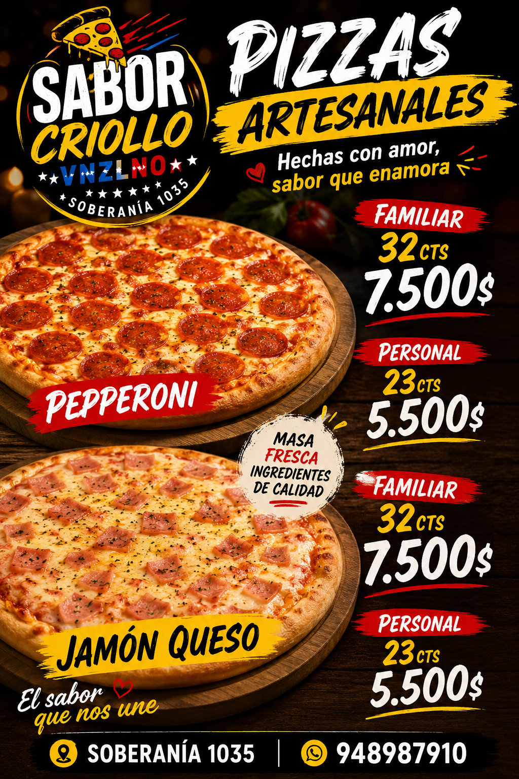 Carta de Sabor Criollo Venezolano: Pizzas artesanales