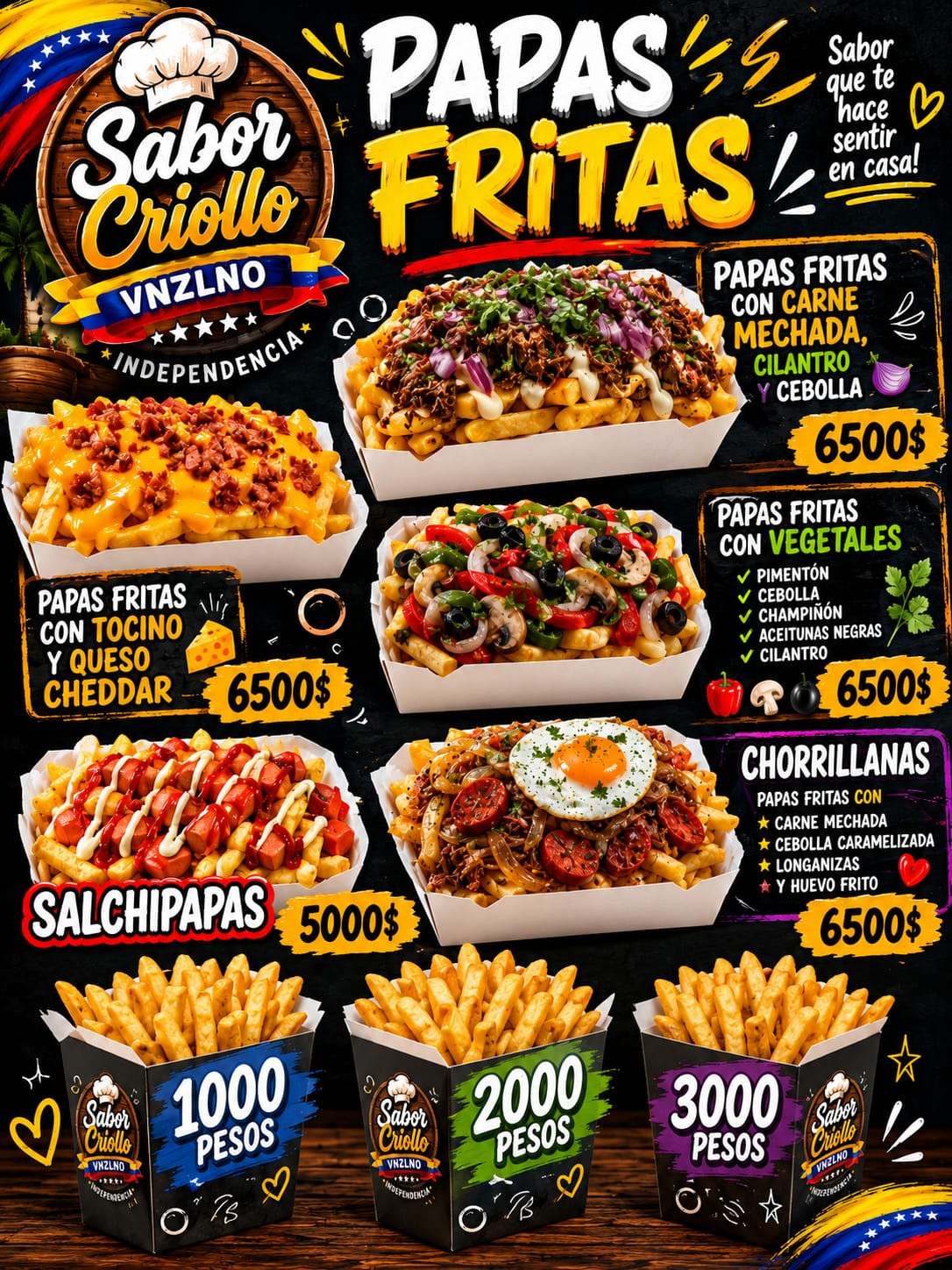 Carta de Sabor Criollo Venezolano: Papas fritas y chorrillanas