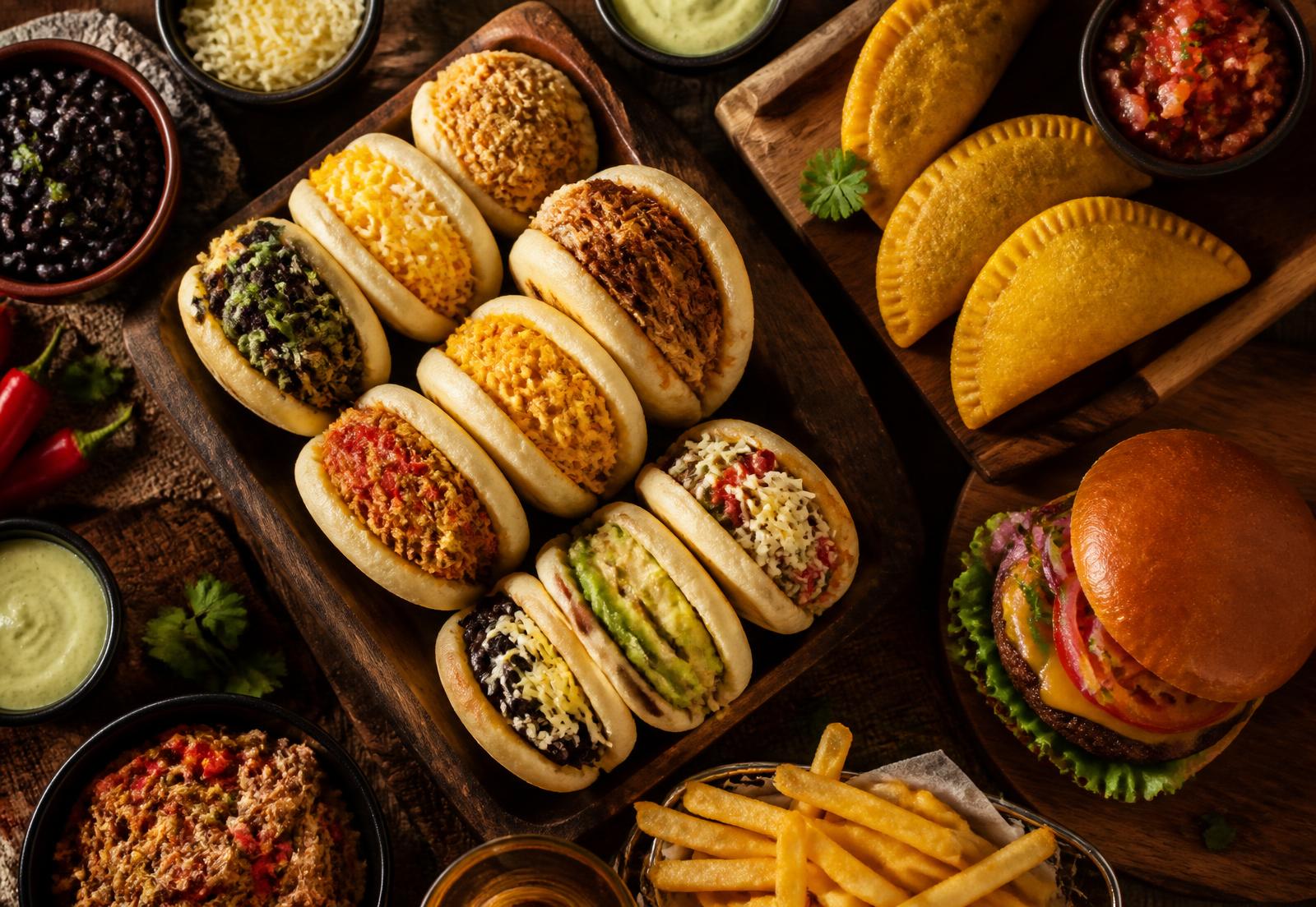 Selección de platos venezolanos: arepas, empanadas y hamburguesa